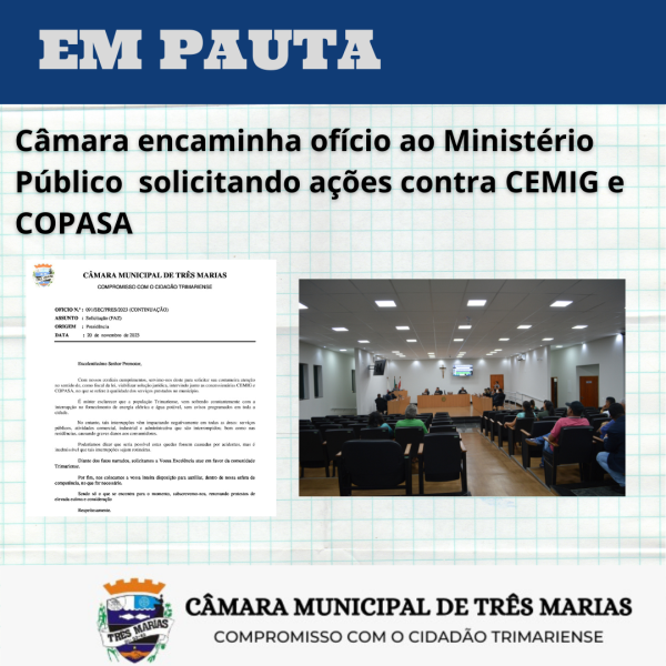 EM PAUTA: Câmara encaminha ofício ao Ministério Público solicitando ações contra CEMIG e COPASA